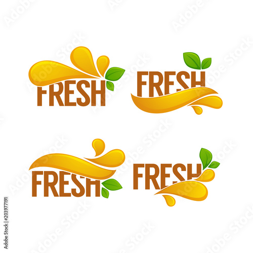 vector collection of bright and shine logo, stickers, emblems and banners for orange fresh juice