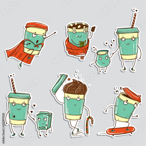 Set of coffee characters, emoticons stickers. Vector illustrations for mobile messages, web design, printed material.