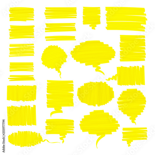 Set of highlighter brush pen hand drawn elements. Yellow highlight marker sketchy round speech bubble, square talk cloud and solid line scribbled rectangle hand drawings. Vector business illustration