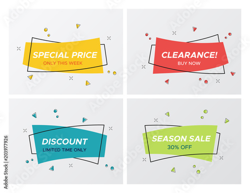 Set of flat abstract sale banner in modern style. New hipster rectangle shape promo sticker with shop offer title and bright colors. Vector illustration with sale tags for store advertising.