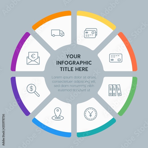 Circle chart business, money, shopping infographic template with 8 options for presentations, advertising, annual reports