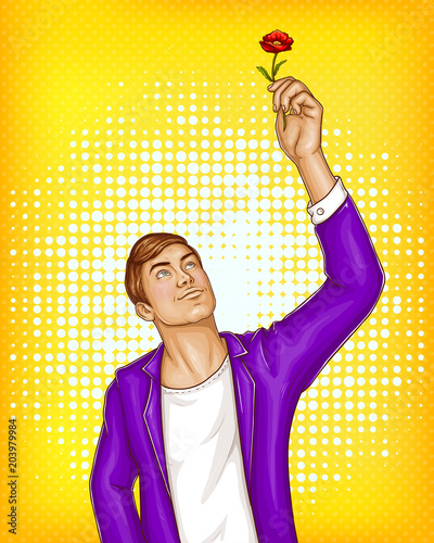 Vector pop art male character with flower waiting girl on date, meeting. Romantic concept with brown haired macho in violet jacket, white t-shirt. Beauty man isolated on yellow dotted background