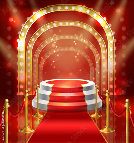 Vector illustration podium for show with red carpet. Stage with lamp illumination for stand up, performance or lecture. Public scene for speech of orator. Illuminated pulpit for conference