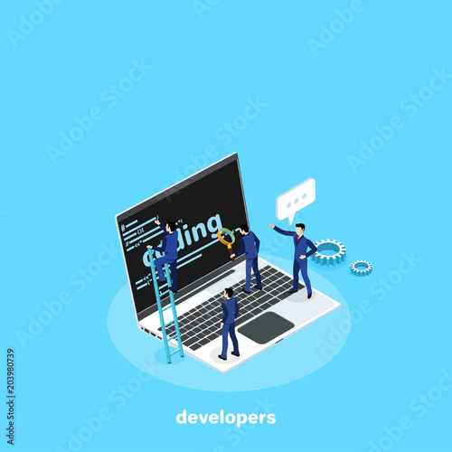 men in business suits develop code on the laptop, isometric image