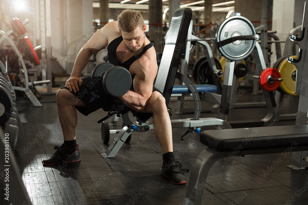 handsome young man in training with dumbbells in the gym handsome young man in training with dumbbells in the gym