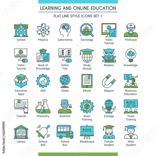 Learning and online education icons set. Modern icons on theme knowledge, scince, teaching, school and university. Flat line design icons collection. Vector illustration