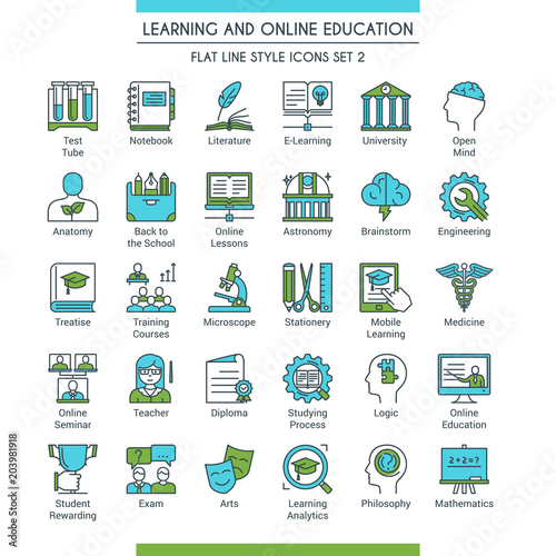 Learning and online education icons set. Modern icons on theme knowledge, scince, teaching, school and university. Flat line design icons collection. Vector illustration