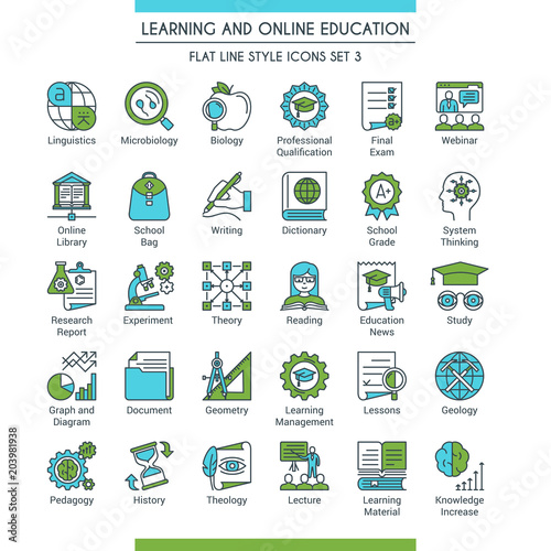 Learning and online education icons set. Modern icons on theme knowledge, scince, teaching, school and university. Flat line design icons collection. Vector illustration