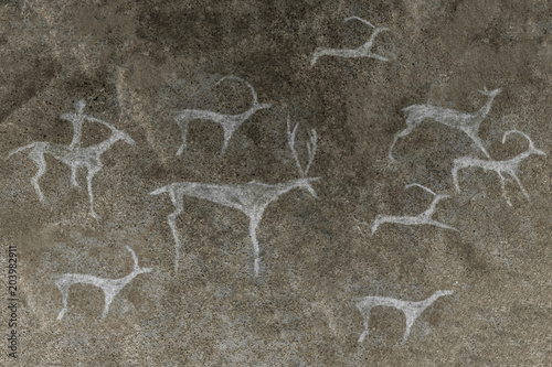 An image of ancient animals on the wall of the cave. archeology, historical epoch.