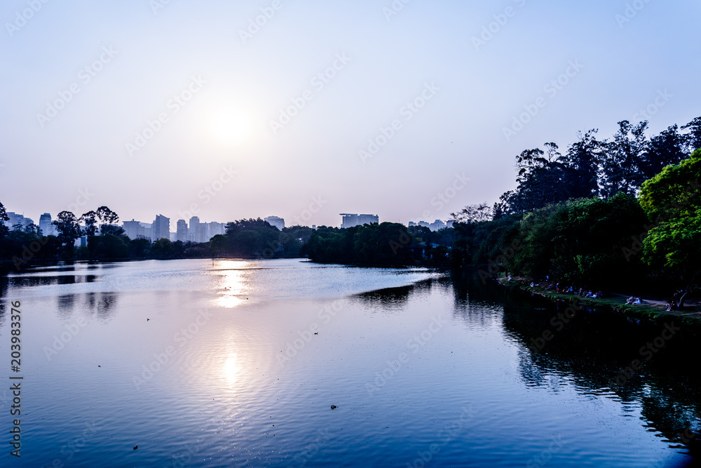 Panoramic view of the twilght in the Ibirapuera Park, in Sao Paulo, Brazil.