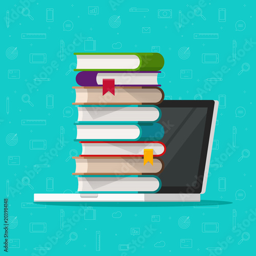 Books stack on laptop computer vector illustration, flat cartoon pc with books, concept of ebook library, digital online study, internet electronic education icon isolated
