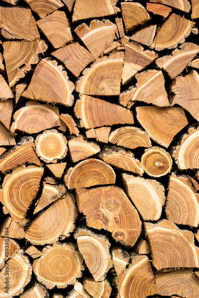 Vertical photo of a dry chopped wood, wooden logs for a fire or a fireplace neatly stacked in a pile Vertical photo of a dry chopped wood, wooden logs for a fire or a fireplace neatly stacked in a pile