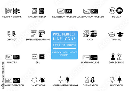 Pixel perfect thin line icons and symbols set for artificial intelligence / AI.