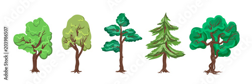 European Day of Parks. Holiday of May 24. Trees for a botanical garden, forest, entourage - collection, vector set isolated on white background. Cartoon Game flash flat graphic trees for background.