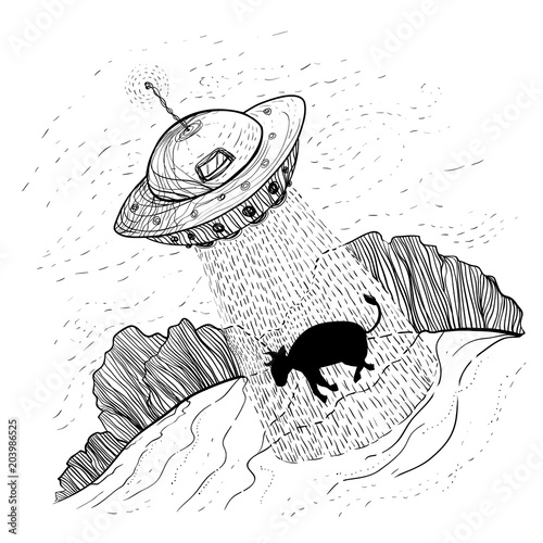 UFO aliens kidnapping, abducts farm cow, near a forest. Dark humor jokes funny picture. Hand drawn sketch vector illustration - Contemporary street art. Printing on a poster or T-shirt. World UFO Day