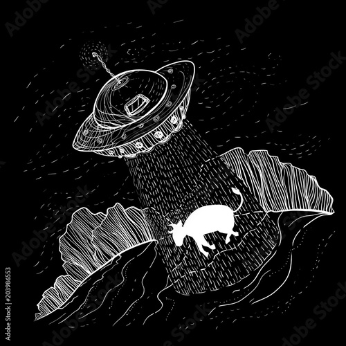 UFO aliens kidnapping, abducts farm cow, near a forest. Dark humor jokes funny picture. Hand drawn sketch vector illustration - Contemporary street art. Printing on a poster or T-shirt. World UFO Day