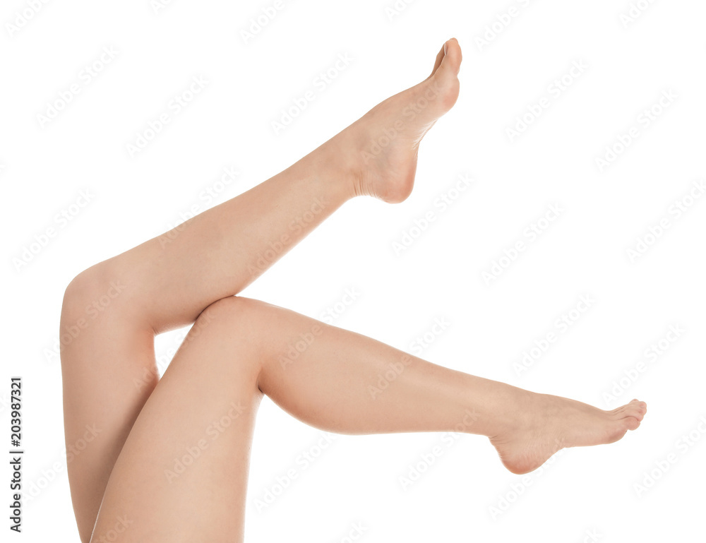 Young woman showing smooth silky skin after epilation on white background Young woman showing smooth silky skin after epilation on white background