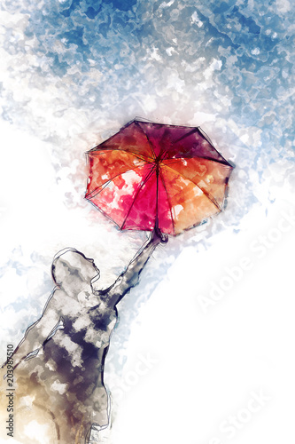 Innocent girl dancing with her umbrella modern watercolor painting
