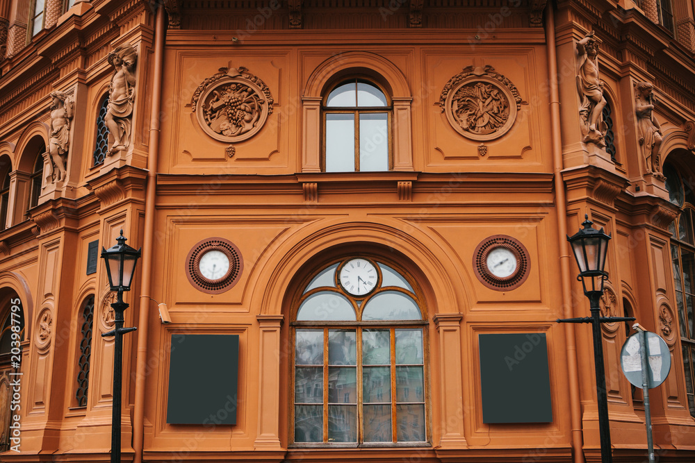 Historical building or sight in Riga, Latvia or Republic of Latvia. Neoclassicism in architecture or architectural style or design of old city and architecture monument Historical building or sight in Riga, Latvia or Republic of Latvia. Neoclassicism in architecture or architectural style or design of old city and architecture monument