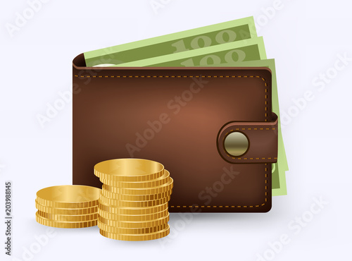 Brown wallet with green paper money. Wallet with money dollar bank note flat design isolated, icon vector Money Icon vector