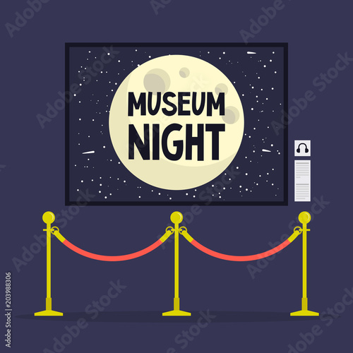 Museum night. Cultural event.  Golden stanchions.  Full moon. Flat editable vector illustration, clip art