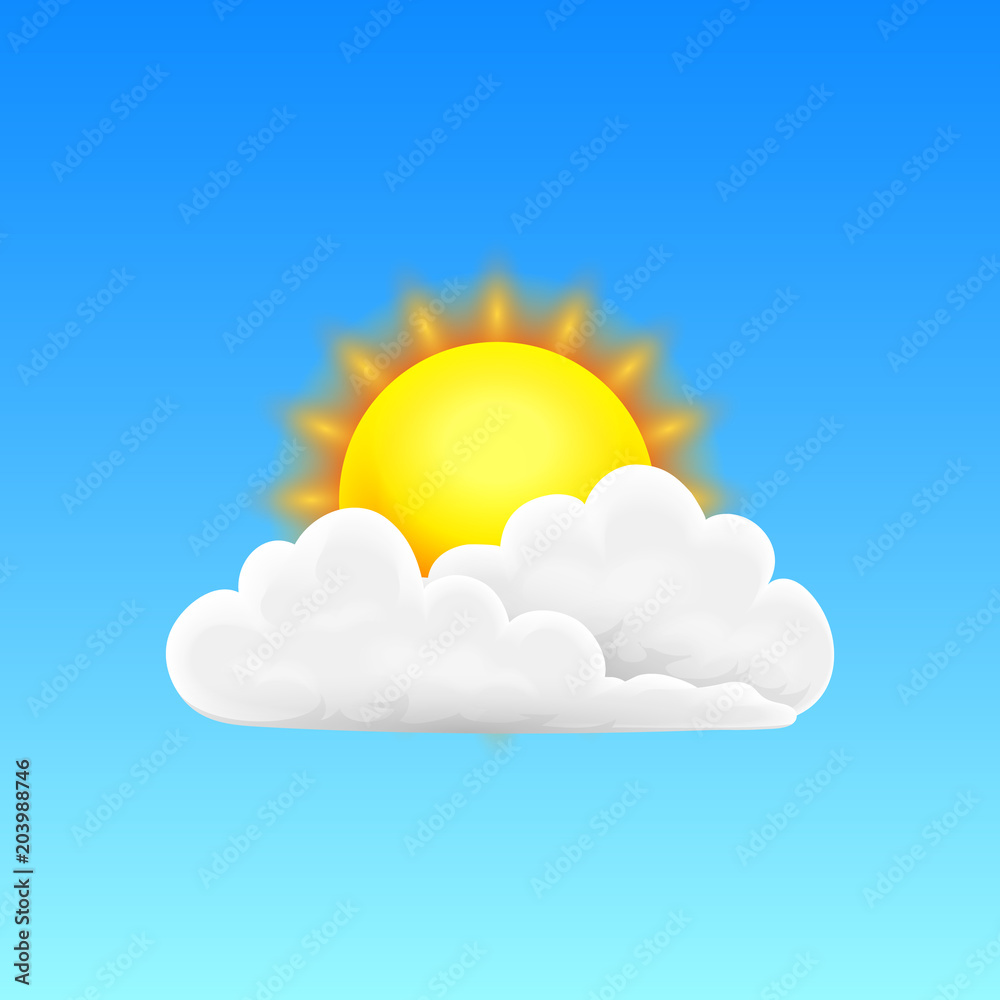 Modern Realistic weather icon. Meteorology symbol on blue background. Color Vector illustration for mobile app, print or web. sunny day and clouds.