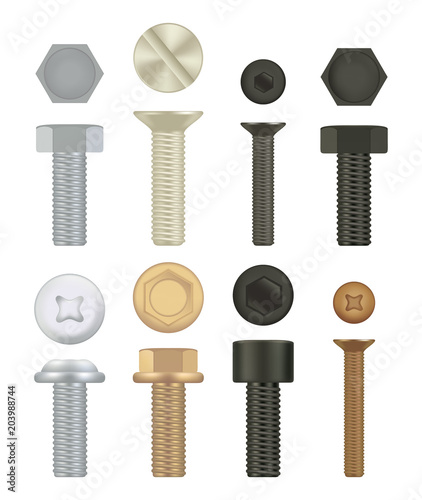 Construction hardware icons. Set of screws, bolts. 3d vector realistic