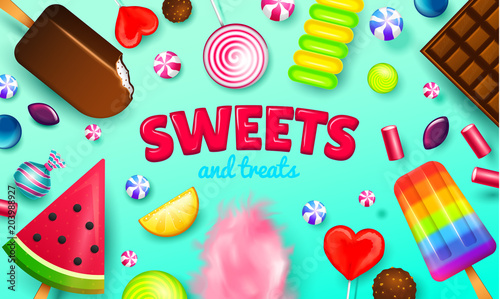 Realistic Sweet candies. Swirl caramel, assorted circle lollipops, dragee and chocolates, fruit jelly, Sugar clouds, cotton and watermelon. 3d game background. holiday colors in modern style.