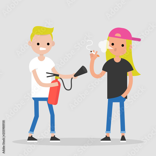 Fighting bad habits. One character extinguishing another's cigarette. Health care. Millennial lifestyle. Flat editable vector illustration, clip art