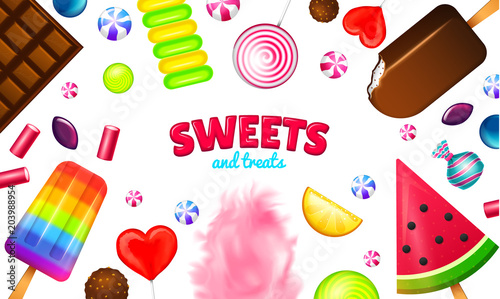 Realistic Sweet candies. Swirl caramel, assorted circle lollipops, dragee and chocolates, fruit jelly, Sugar clouds, cotton and watermelon. 3d game background. holiday colors in modern style.