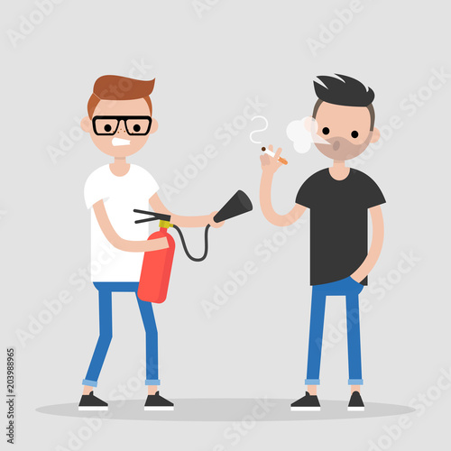 Fighting bad habits. One character extinguishing another's cigarette. Health care. Millennial lifestyle. Flat editable vector illustration, clip art
