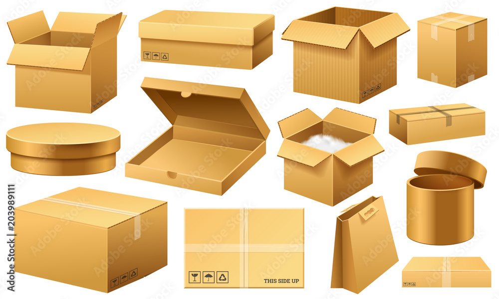 Realistic empty cardboard box Opened. Brown delivery. Carton package with fragile sign on transparent white background. Set of isolated mockup for web. Container for shipping, transportation and mail. Realistic empty cardboard box Opened. Brown delivery. Carton package with fragile sign on transparent white background. Set of isolated mockup for web. Container for shipping, transportation and mail.