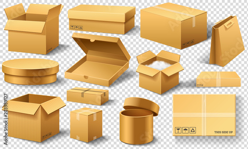Realistic empty cardboard box Opened. Brown delivery. Carton package with fragile sign on transparent white background. Set of isolated mockup for web. Container for shipping, transportation and mail.