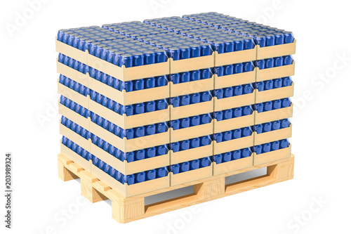 Foto Wooden pallet with drink metallic cans in shrink film, 3D rendering
