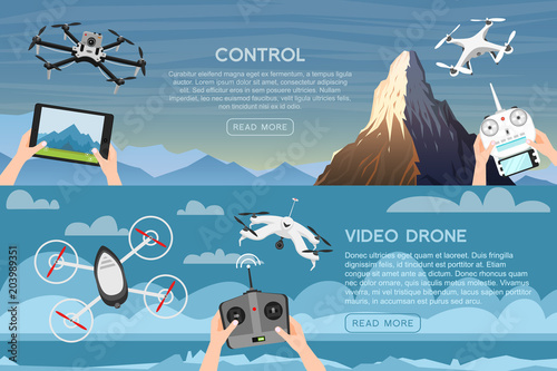 Modern air drones for card and remote control. Video and photo and delivery. Science and technologies. Radio robot with camera in the air. Innovative systems. Background or poster.