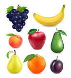 Fresh fruits set. 3d realistic vector image.
