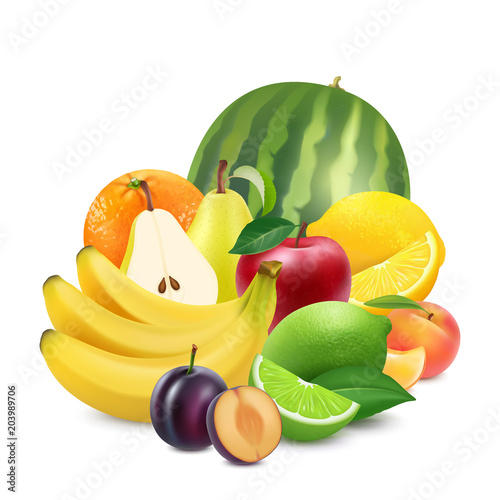 Juicy sweet fruits. 3d realistic vector.