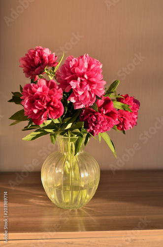 Wallpaper Mural Fresh bouquet of pink peonies peony roses flowers in a vase on table in room. A gift to a mum's day. Sunny day background. Blossom wallpaper. Card, copy space. Torontodigital.ca