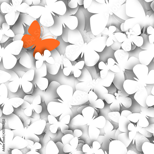 Abstract 3D white paper butterflies. Lonely orange butterfly. Cut-out from paper. Vector illustration. Seamless pattern.