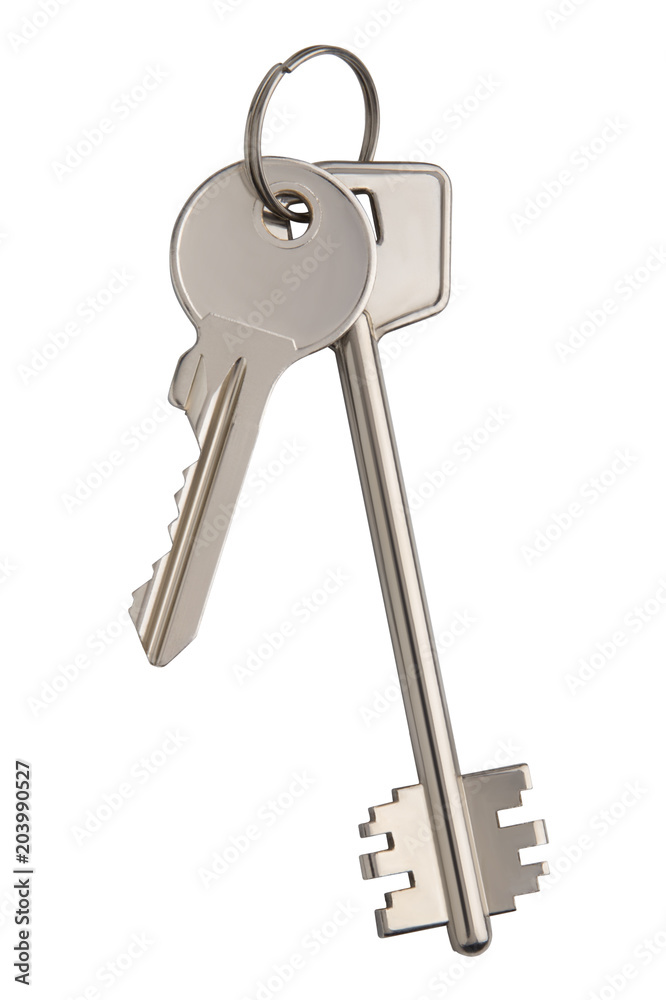 metal glossy apartment keys isolated on white background, flat key metal glossy apartment keys isolated on white background, flat key