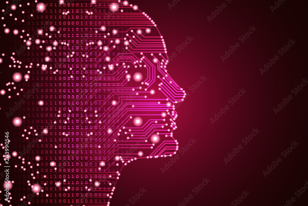 Big data and artificial intelligence concept. Machine learning and cyber mind domination concept in form of men face outline outline with circuit board and binary data flow on red background. Big data and artificial intelligence concept. Machine learning and cyber mind domination concept in form of men face outline outline with circuit board and binary data flow on red background.