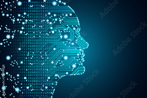 Big data and artificial intelligence concept. Machine learning and cyber mind domination concept in form of men face outline outline with circuit board and binary data flow on blue background.