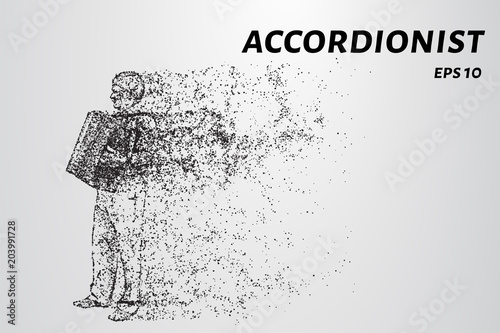 Accordion player from particles. The harmonist consists of dots and circles.