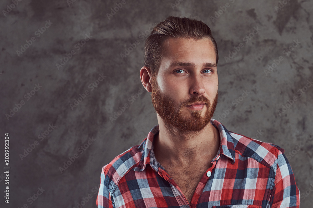 Young handsome redhead model man in a flannel shirt on a gray background. Young handsome redhead model man in a flannel shirt on a gray background.