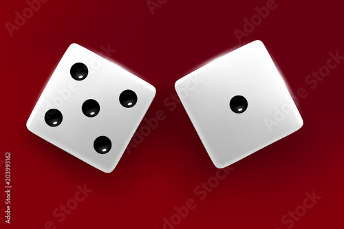 Top view of white dice. Casino dice on red background. Online casino dice gambling concept isolated on black