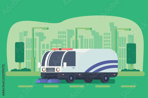 Road cleaner car. Street sweeper. Macine for road service.
