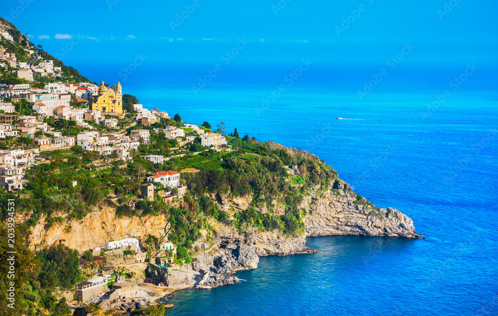 Praiano town in Amalfi coast, panoramic view. Italy