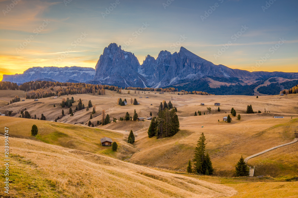 Alpe di Siusi at sunrise, Dolomites, South Tyrol, Italy