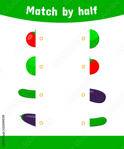 vector illustration. Matching game for children. Connect the halves of the vegetable. tomato, cabbage, cucumber, eggplant