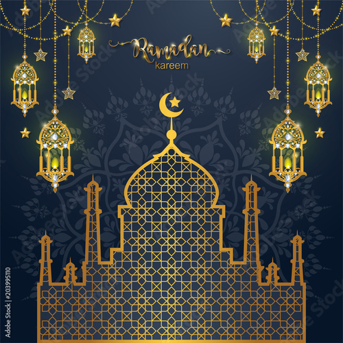 Ramadan Kareem greeting background Islamic with gold patterned and crystals on paper color background. 